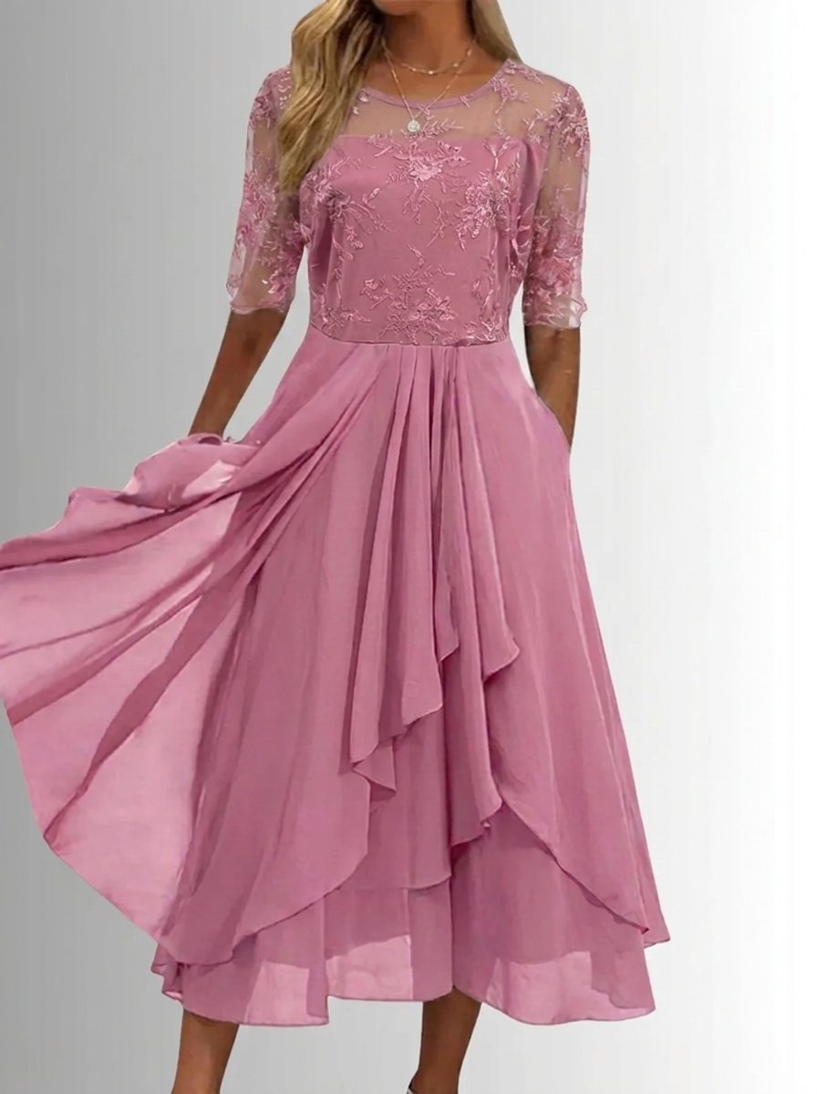 Women's Lace Bodice Chiffon Midi Dress - Elegant Cocktail Party - Pink