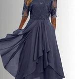 Women's Lace Bodice Chiffon Midi Dress - Elegant Cocktail Party - Purple