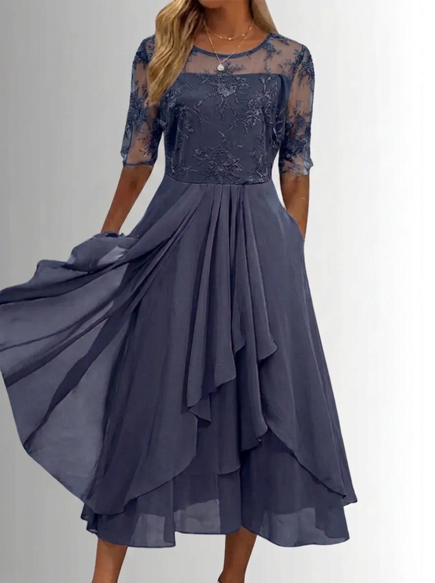 Women's Lace Bodice Chiffon Midi Dress - Elegant Cocktail Party - Purple