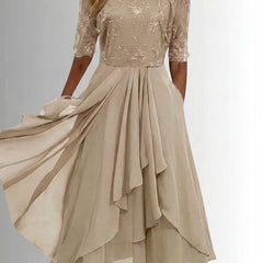 Women's Lace Bodice Chiffon Midi Dress - Elegant Cocktail Party - White