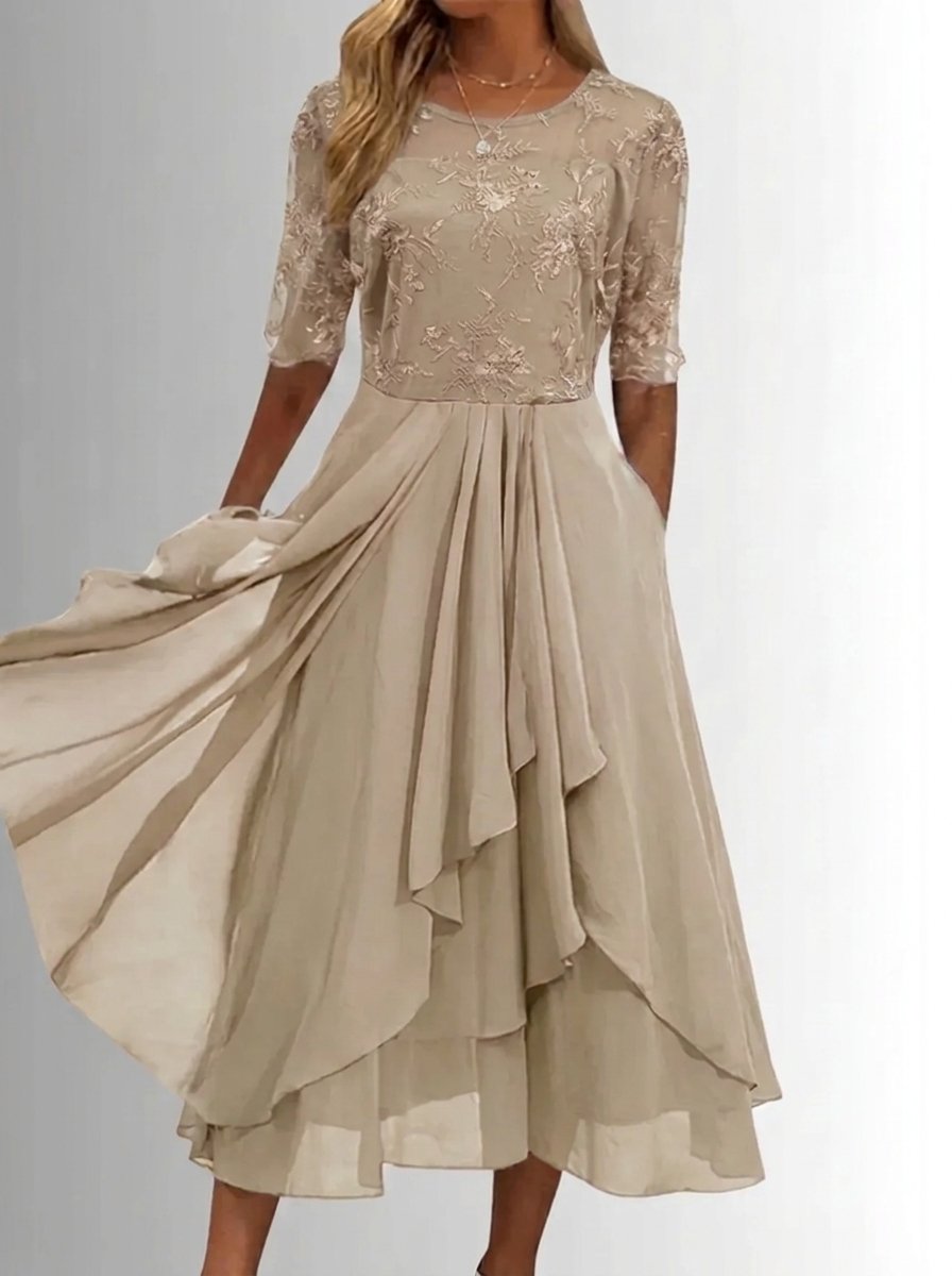 Women's Lace Bodice Chiffon Midi Dress - Elegant Cocktail Party - White