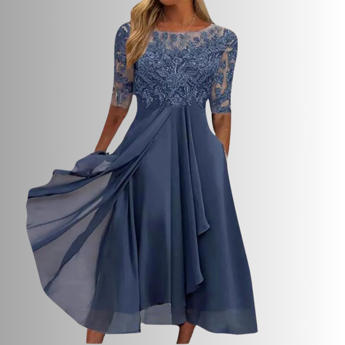 Women's Lace Bodice Midi Dress - Elegant Chiffon Formal | Spring - Blue