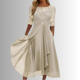 Women's Lace Bodice Midi Dress - Elegant Chiffon Formal | Spring - Cream