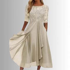 Women's Lace Bodice Midi Dress - Elegant Chiffon Formal | Spring - Cream