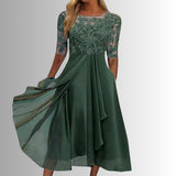 Women's Lace Bodice Midi Dress - Elegant Chiffon Formal | Spring - Green