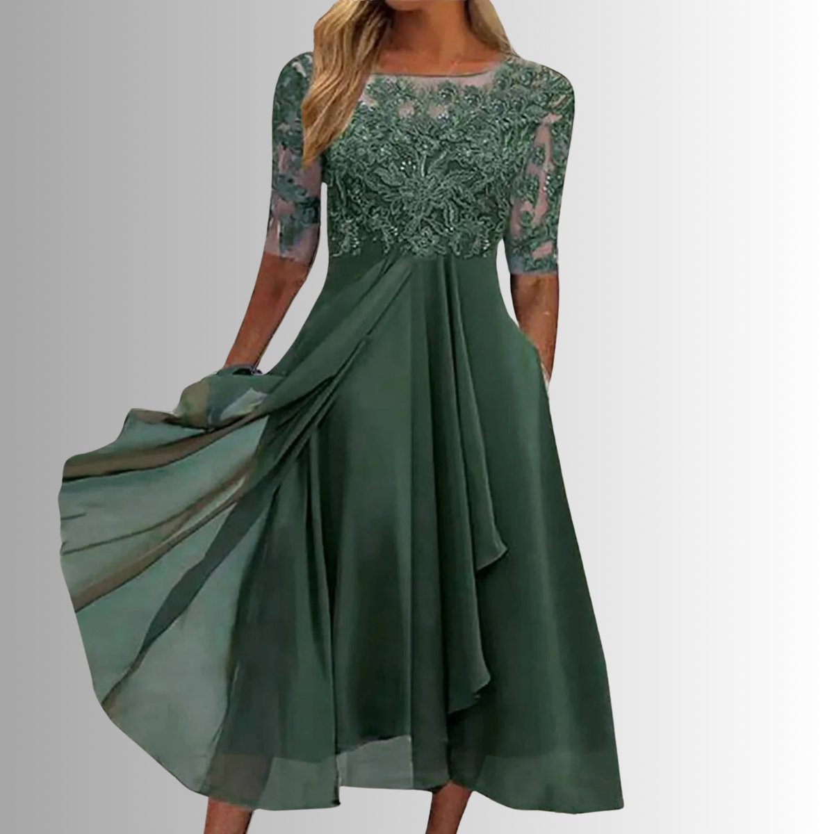 Women's Lace Bodice Midi Dress - Elegant Chiffon Formal | Spring - Green