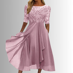 Women's Lace Bodice Midi Dress - Elegant Chiffon Formal | Spring - Pink