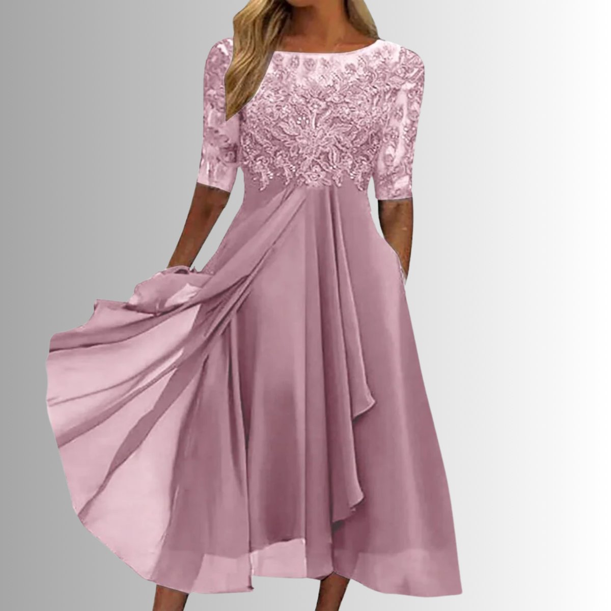 Women's Lace Bodice Midi Dress - Elegant Chiffon Formal | Spring - Pink