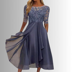 Women's Lace Bodice Midi Dress - Elegant Chiffon Formal | Spring - Purple