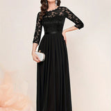 Women's Lace Bodice Three-Quarter Sleeve Maxi Dress - Formal | Spring - Black
