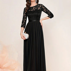 Women's Lace Bodice Three-Quarter Sleeve Maxi Dress - Formal | Spring - Black