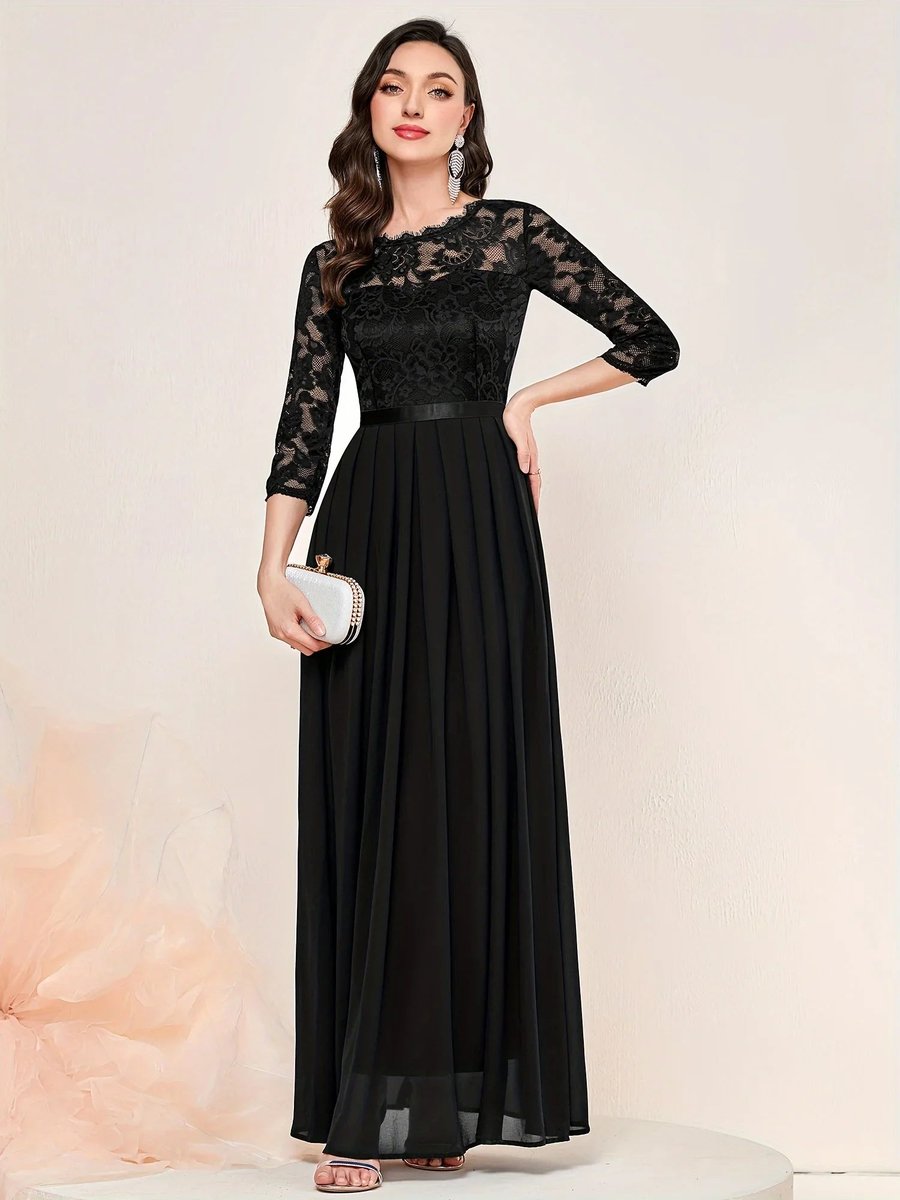 Women's Lace Bodice Three-Quarter Sleeve Maxi Dress - Formal | Spring - Black