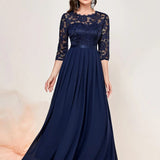 Women's Lace Bodice Three-Quarter Sleeve Maxi Dress - Formal | Spring - Blue