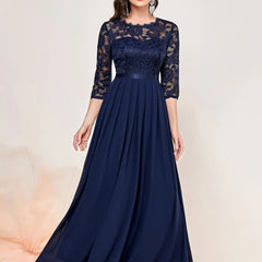 Women's Lace Bodice Three-Quarter Sleeve Maxi Dress - Formal | Spring - Blue
