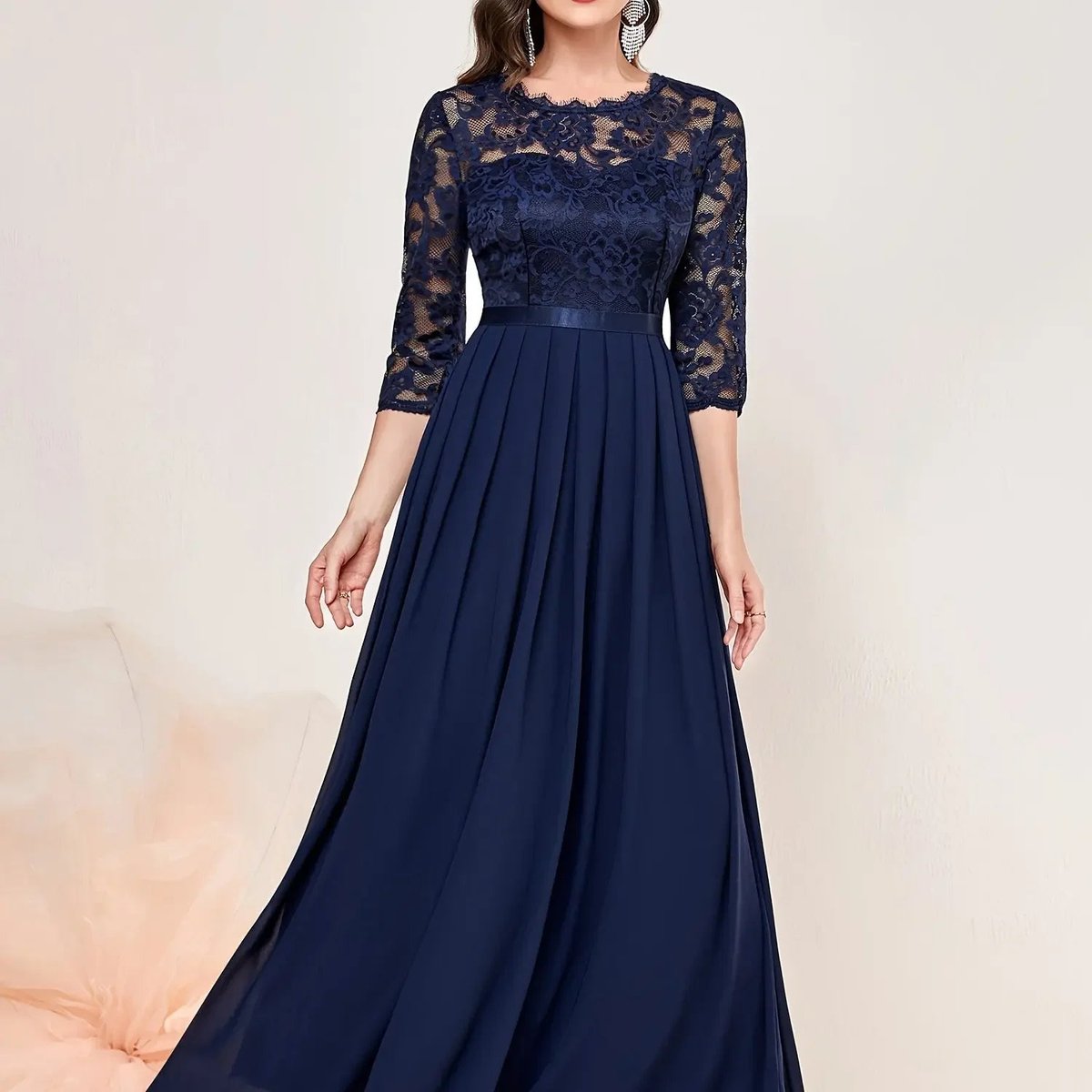 Women's Lace Bodice Three-Quarter Sleeve Maxi Dress - Formal | Spring - Blue