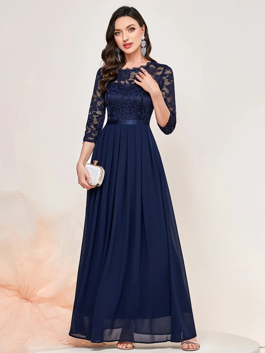 Women's Lace Bodice Three-Quarter Sleeve Maxi Dress - Formal | Spring
