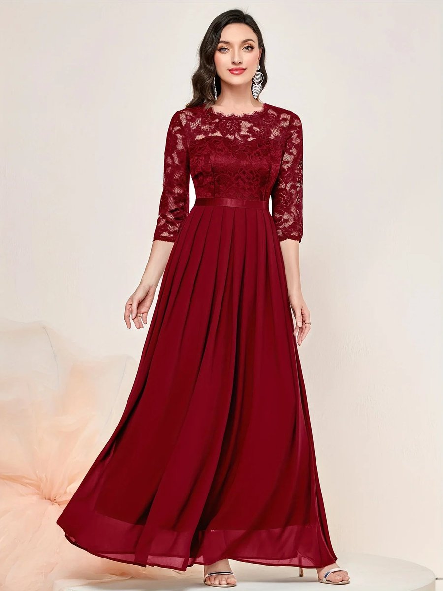 Women's Lace Bodice Three-Quarter Sleeve Maxi Dress - Formal | Spring