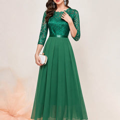 Women's Lace Bodice Three-Quarter Sleeve Maxi Dress - Formal | Spring - Green