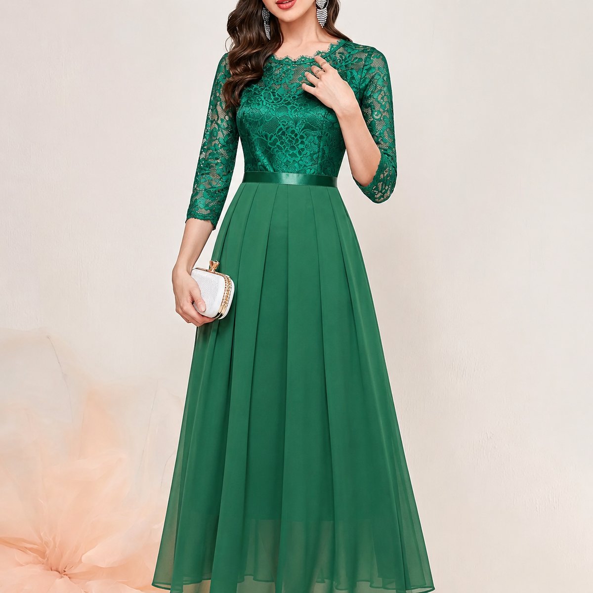 Women's Lace Bodice Three-Quarter Sleeve Maxi Dress - Formal | Spring - Green