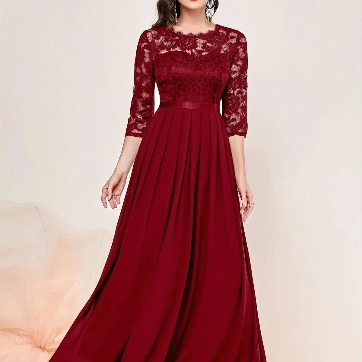 Women's Lace Bodice Three-Quarter Sleeve Maxi Dress - Formal | Spring - Red