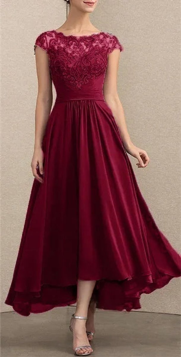 Women's Lace Chiffon A-Line Maxi Dress - Formal Evening | Spring - Burgundy