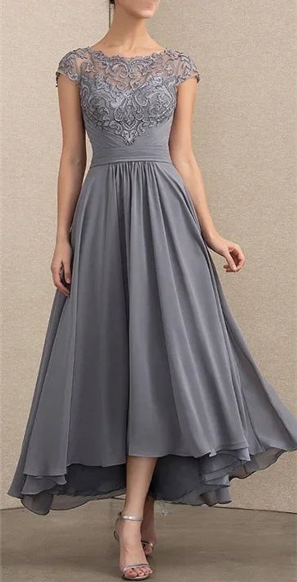 Women's Lace Chiffon A-Line Maxi Dress - Formal Evening | Spring - Grey