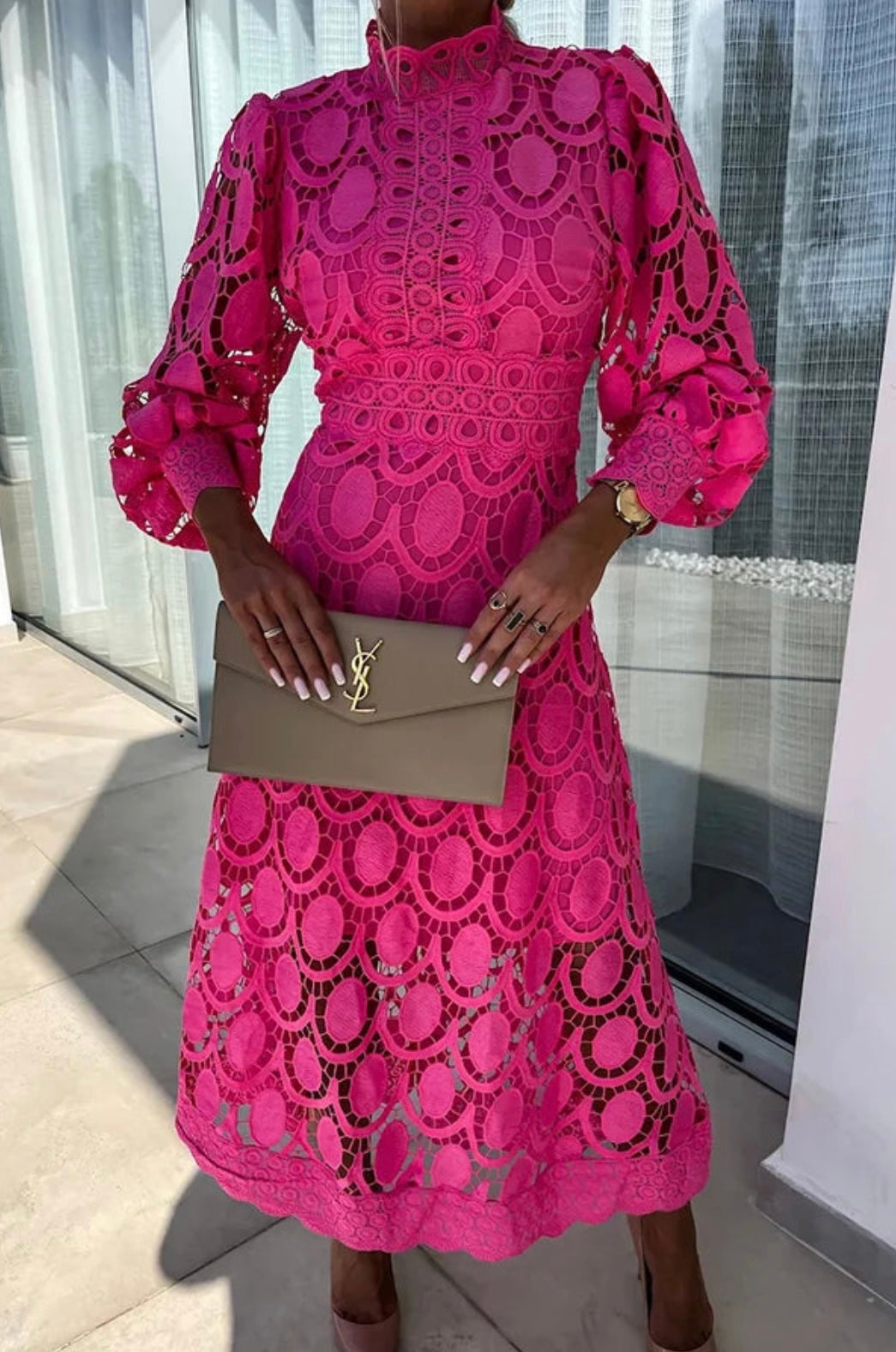 Women's Lace Dress | High Collar | Elegant | Autumn - Pink
