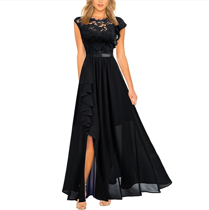 Women's Lace Evening Gown - Elegant High-Slit Formal Dress | Spring - Black