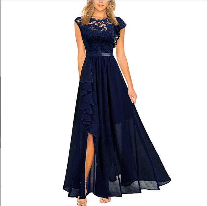 Women's Lace Evening Gown - Elegant High-Slit Formal Dress | Spring - Navy