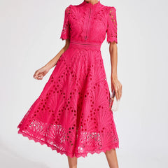 Women's Lace Midi Dress - Elegant Scoop Neckline | Spring - Pink
