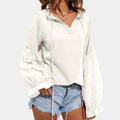 Women's Lace Sleeve Blouse | V-Neck Balloon Sleeves | Pink | Autumn - White