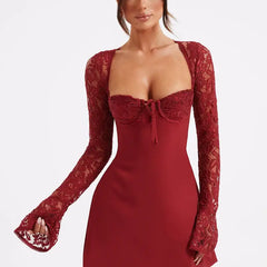Women's Lace Sleeve Bodycon Mini Dress - Square Neckline | Spring - Red