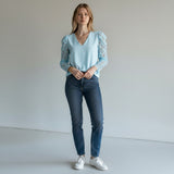 Women's Lace Sleeve Top | V-Neck Romantic Style | Autumn - Blue