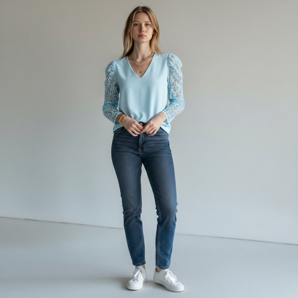 Women's Lace Sleeve Top | V-Neck Romantic Style | Autumn - Blue