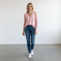 Women's Lace Sleeve Top | V-Neck Romantic Style | Autumn - Pink