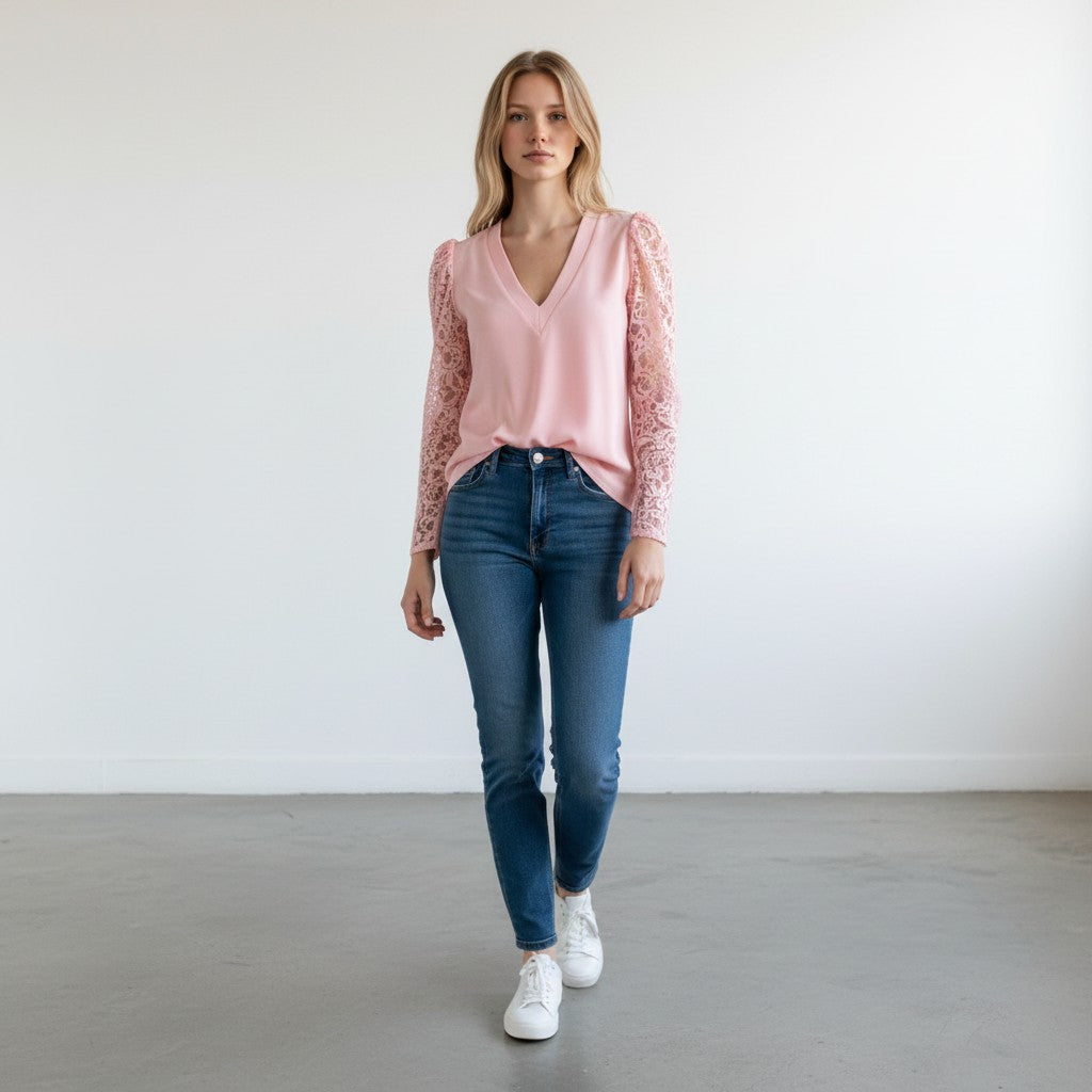 Women's Lace Sleeve Top | V-Neck Romantic Style | Autumn - Pink