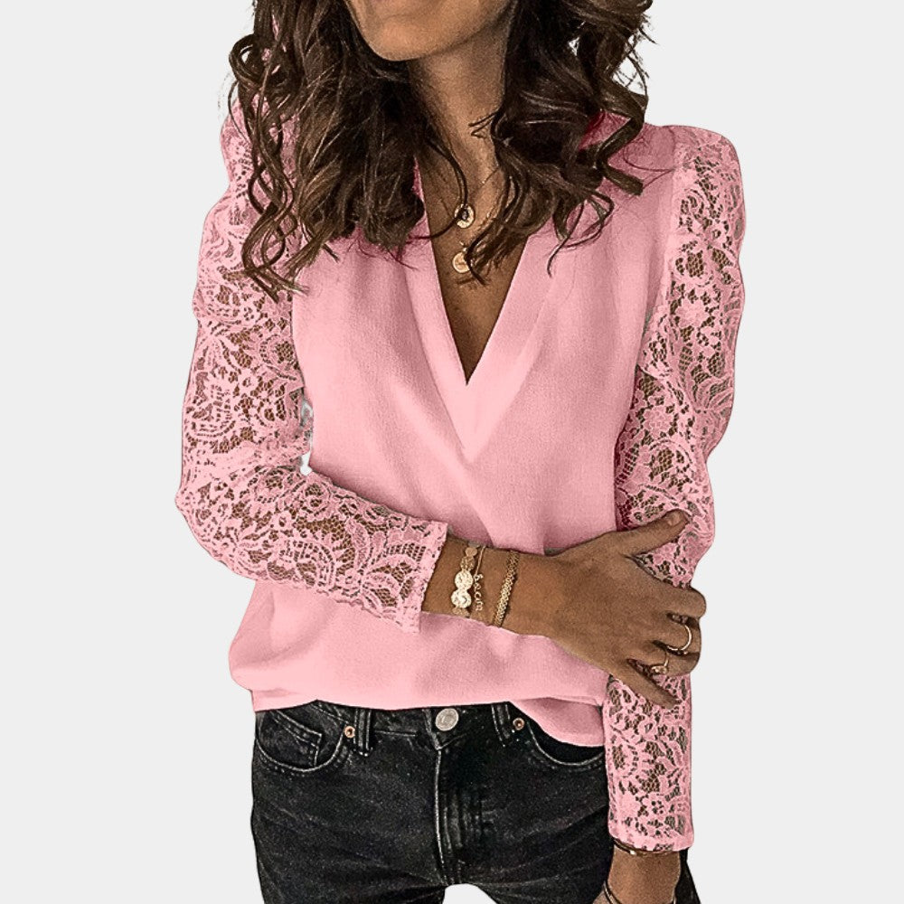 Women's Lace Sleeve Top | V-Neck Romantic Style | Autumn