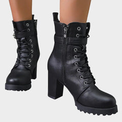 Women's Lace-Up Block-Heel Combat Ankle Boots - Buckle Strap | Autumn - Black