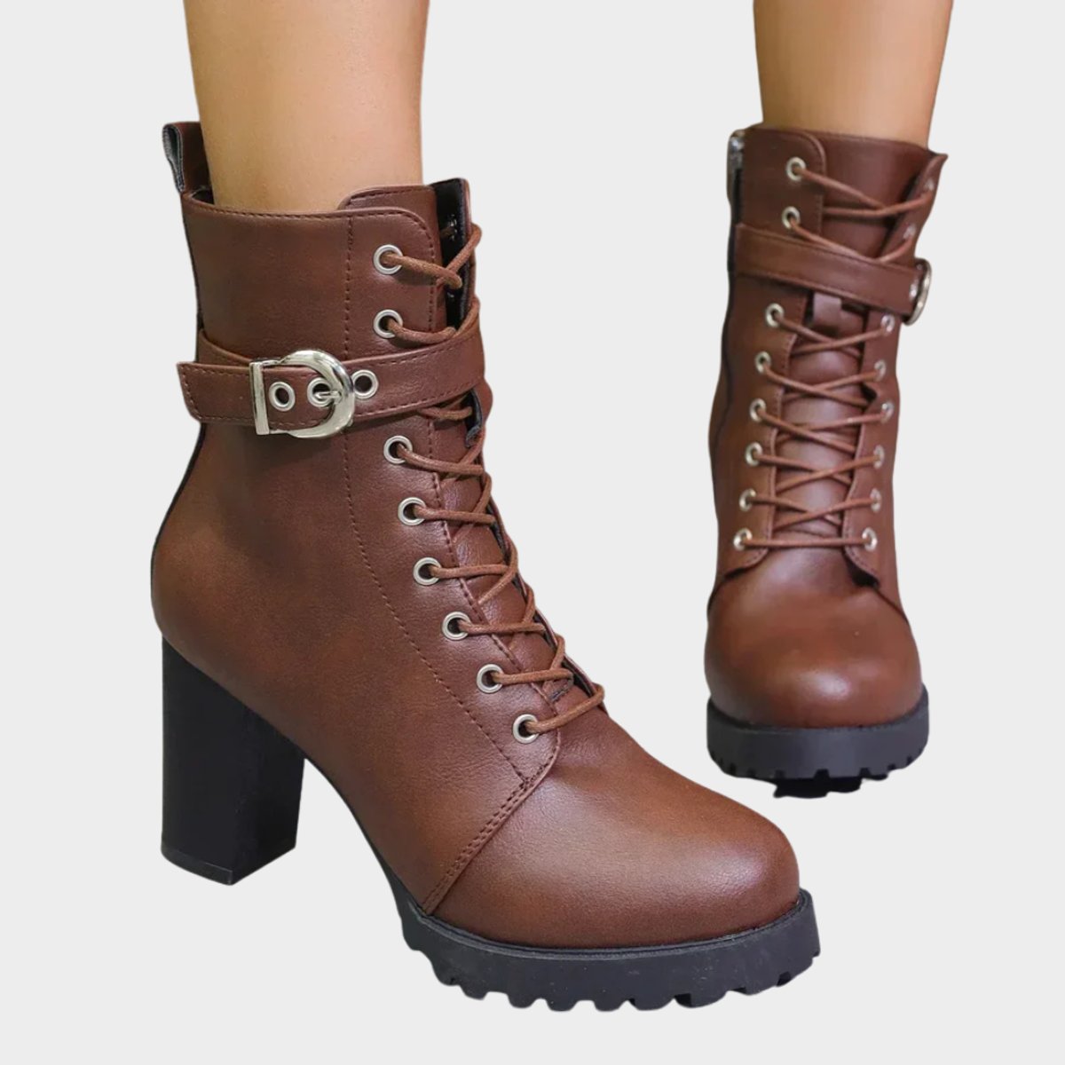Women's Lace-Up Block-Heel Combat Ankle Boots - Buckle Strap | Autumn - Brown