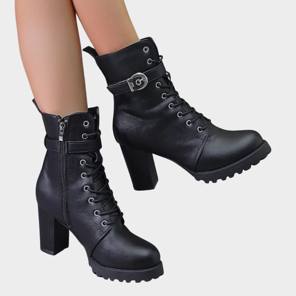 Women's Lace-Up Block-Heel Combat Ankle Boots - Buckle Strap | Autumn
