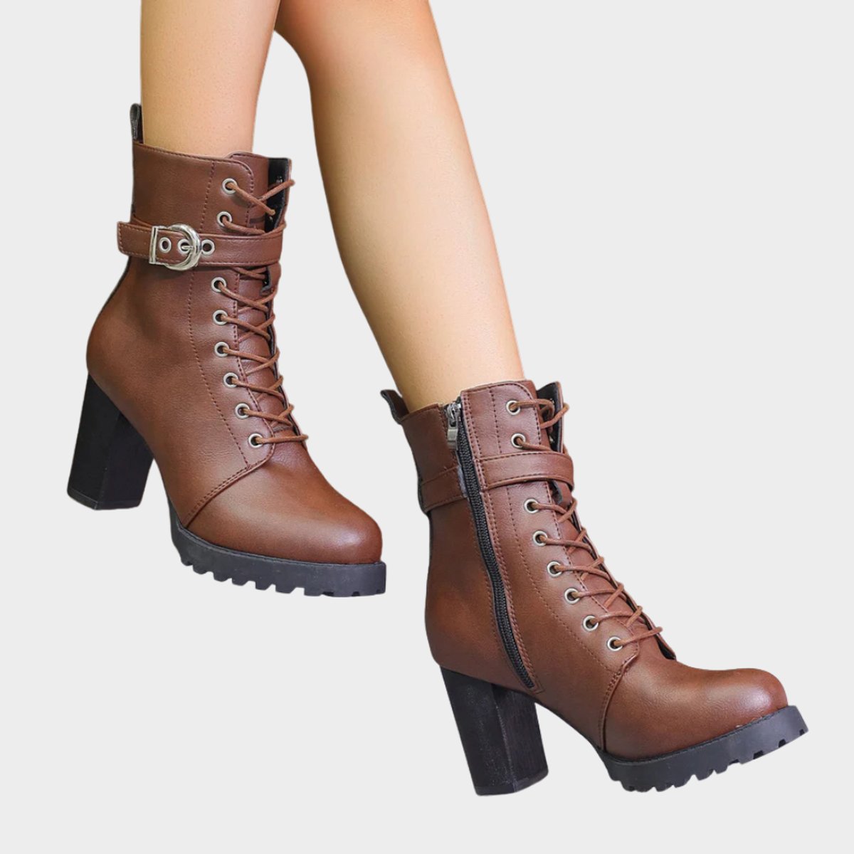 Women's Lace-Up Block-Heel Combat Ankle Boots - Buckle Strap | Autumn
