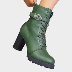 Women's Lace-Up Block-Heel Combat Ankle Boots - Buckle Strap | Autumn