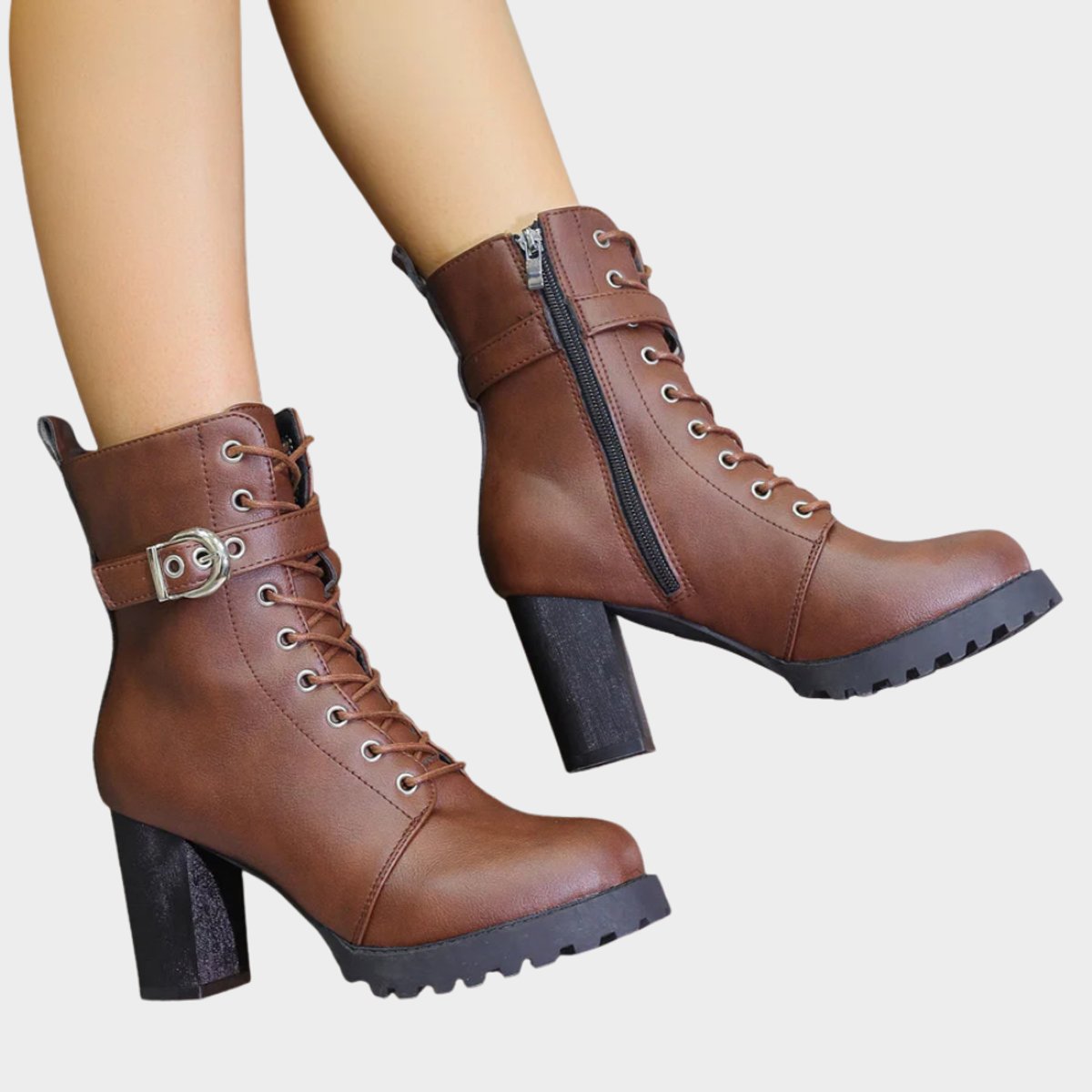 Women's Lace-Up Block-Heel Combat Ankle Boots - Buckle Strap | Autumn