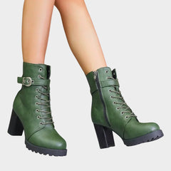 Women's Lace-Up Block-Heel Combat Ankle Boots - Buckle Strap | Autumn