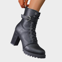 Women's Lace-Up Block-Heel Combat Ankle Boots - Buckle Strap | Autumn