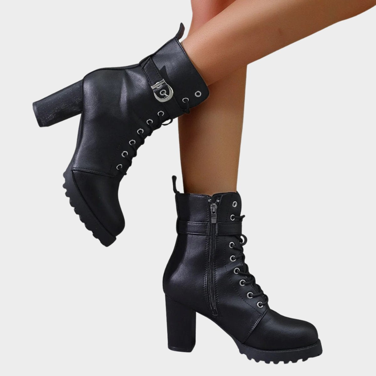 Women's Lace-Up Block-Heel Combat Ankle Boots - Buckle Strap | Autumn