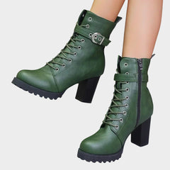 Women's Lace-Up Block-Heel Combat Ankle Boots - Buckle Strap | Autumn - Green