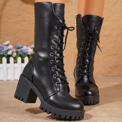 Women's Lace-Up Boots | Block Heel | Edgy | Autumn - Black
