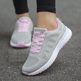 Women's Lace-Up Casual Walking Sneaker - Lightweight Summer Style - Grey-Pink