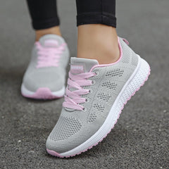 Women's Lace-Up Casual Walking Sneaker - Lightweight Summer Style - Grey-Pink